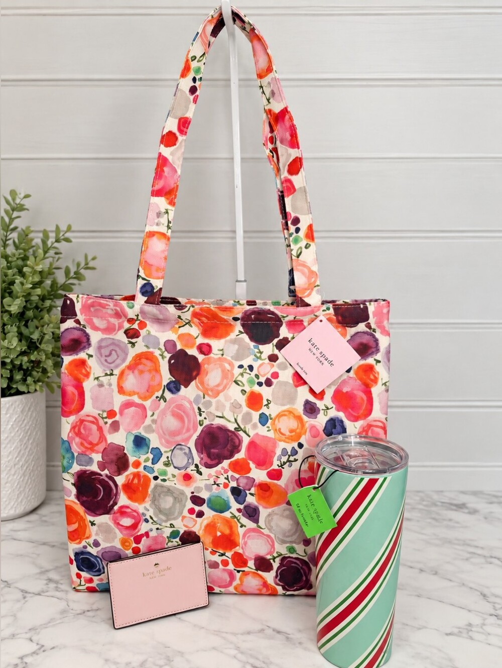 Kate Spade Gift Set New - Floral Book Tote / Tumbler + Pink Card Case NWT